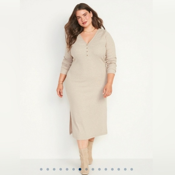 Old Navy Dresses & Skirts - Old Navy Fitted Long-Sleeve Heathered Rib-Knit Henley Midi Dress Heather Biege